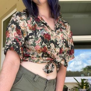 Floral print lightweight silk button up short sleeve top
